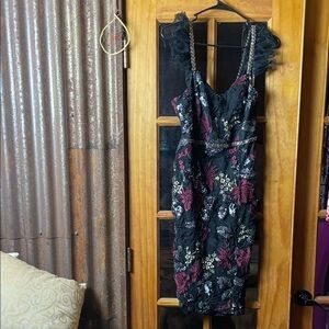 Lulu's Black Floral Midi Dress with Pink and Cream Embroidery